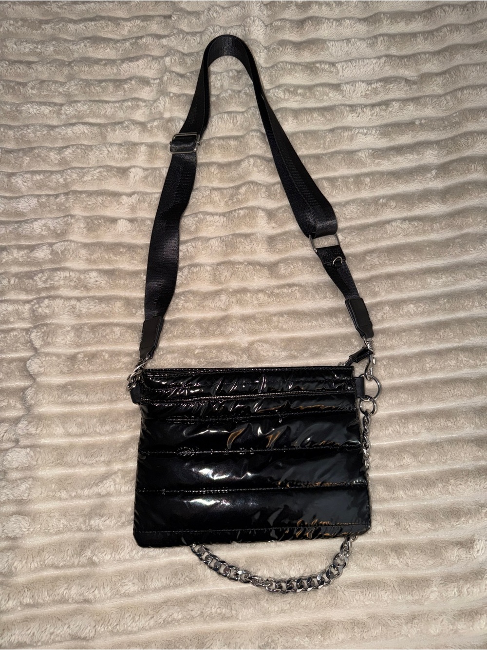 Ahdorned quilted puffer crossbody with chain